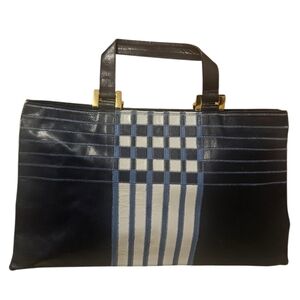 Vintage BRACCIALINI FIRENZE Leather Tote Bag In Navy/blue White Stripe Pattern.